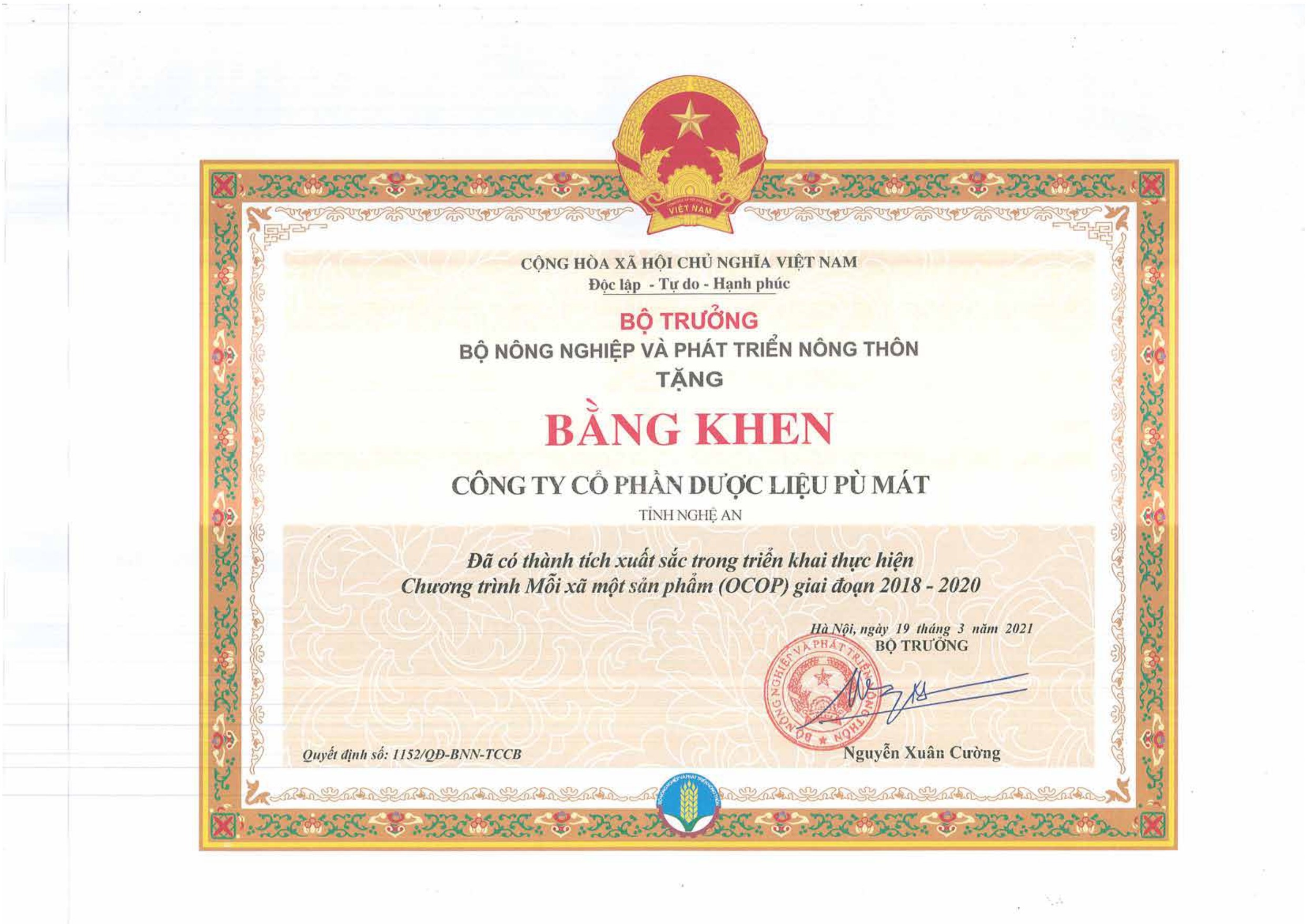 Bằng khen Bộ trưởng Bộ nông nghiệp